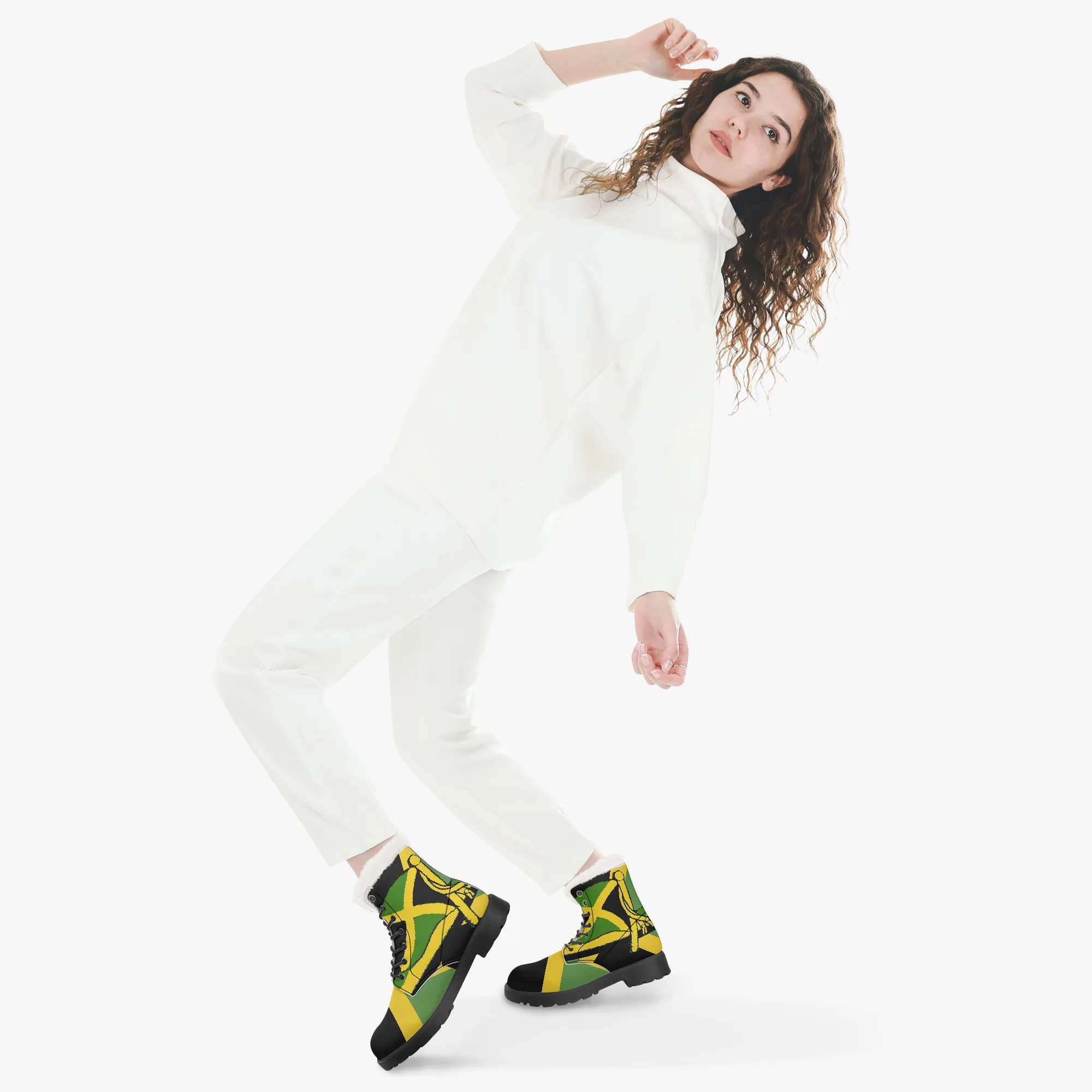Jamaican Fur Lined Leather Boots, Jamaica flag design. Rastaseed Rastafarian, Reggae mercandise. Faux fur with black sole.Both boots model view.