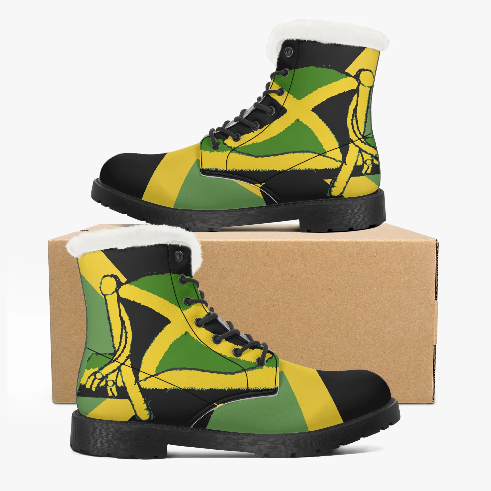 Jamaican Fur Lined Leather Boots, Jamaica flag design. Rastaseed Rastafarian, Reggae mercandise. Faux fur with black sole.Both boots box view.