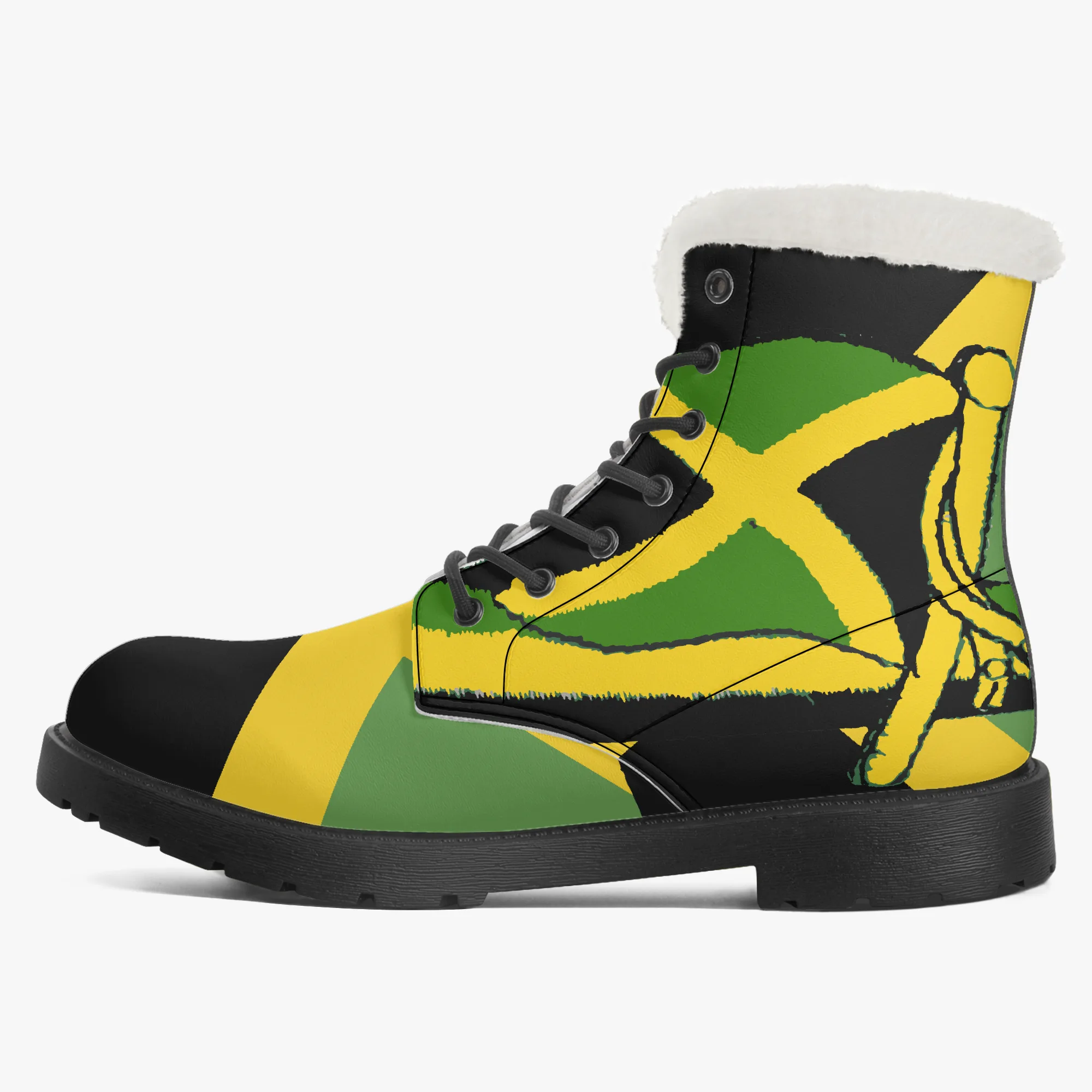 Jamaican Fur Lined Leather Boots, Jamaica flag design. Rastaseed Rastafarian, Reggae mercandise. Faux fur with black sole.Right inside view