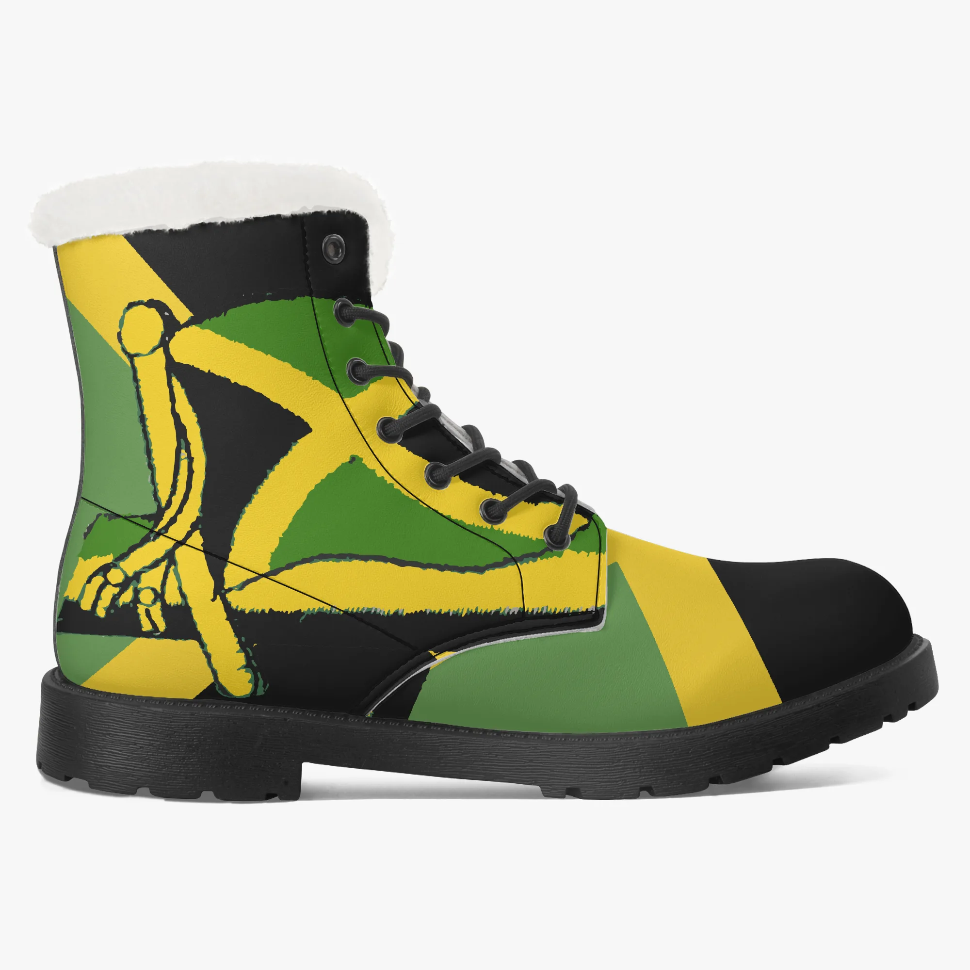 Jamaican Fur Lined Leather Boots, Jamaica flag design. Rastaseed Rastafarian, Reggae mercandise. Faux fur with black sole.Right outside view