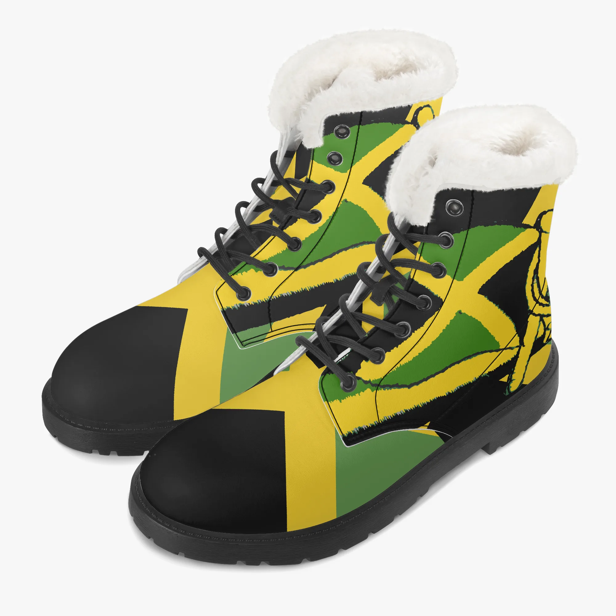 Jamaican Fur Lined Leather Boots, Jamaica flag design. Rastaseed Rastafarian, Reggae mercandise. Faux fur with black sole.both boots view.