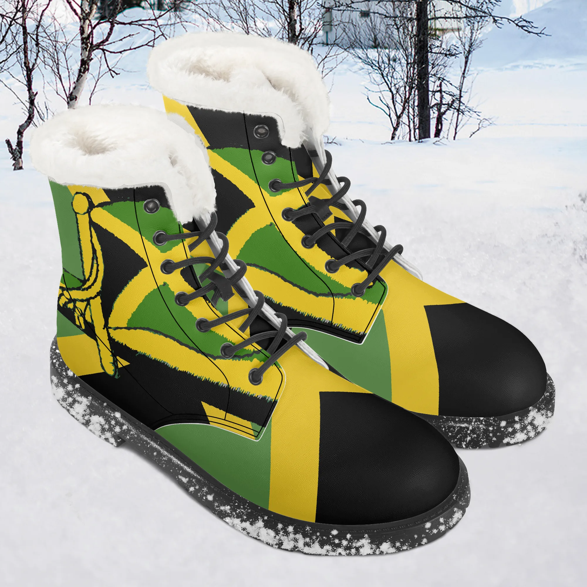 Jamaican Fur Lined Leather Boots, Jamaica flag design. Rastaseed Rastafarian, Reggae mercandise. Faux fur with black sole.Both boots snow view.