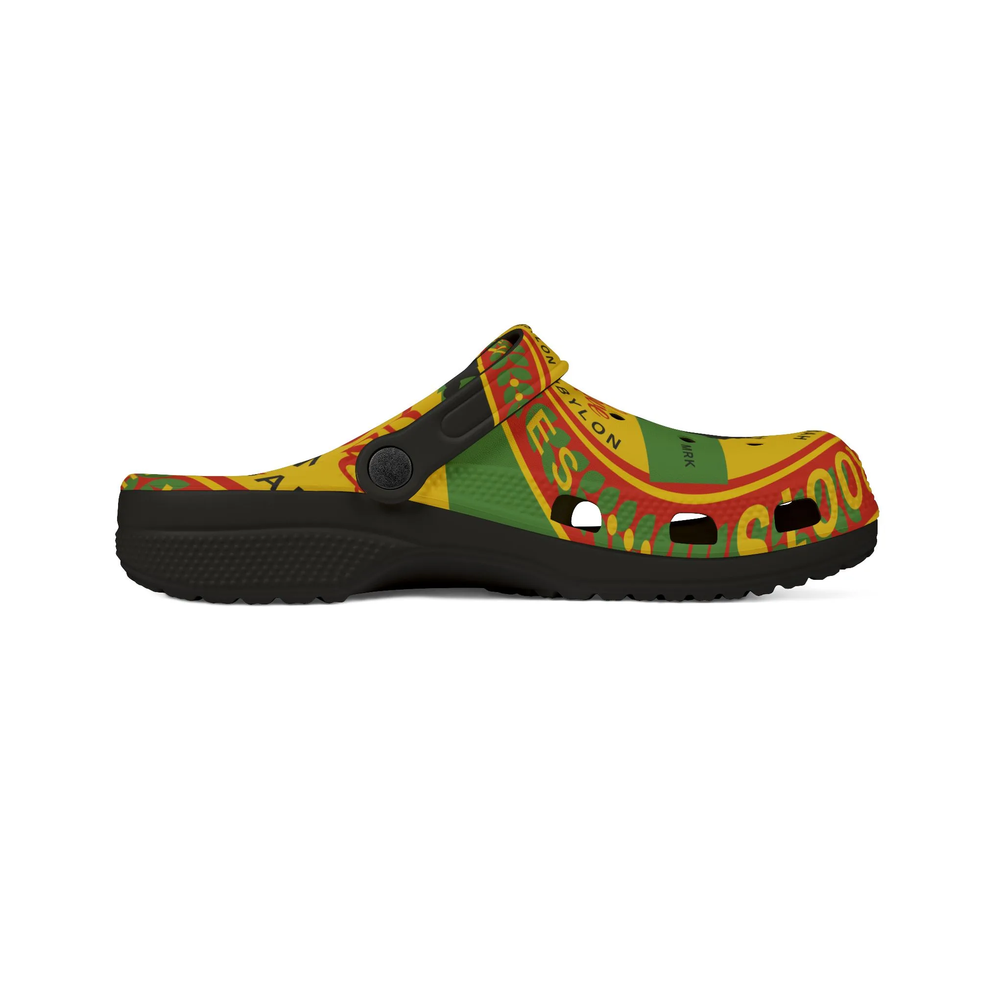 Rasta One Love Clogs with Rastafarian Lion of Judah and Chant down babylon design. Right side view. Red Gold and Green with Black background.