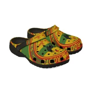 Rasta One Love Clogs with Rastafarian Lion of Judah and Chant down babylon design. front side view. Red Gold and Green with Black background.