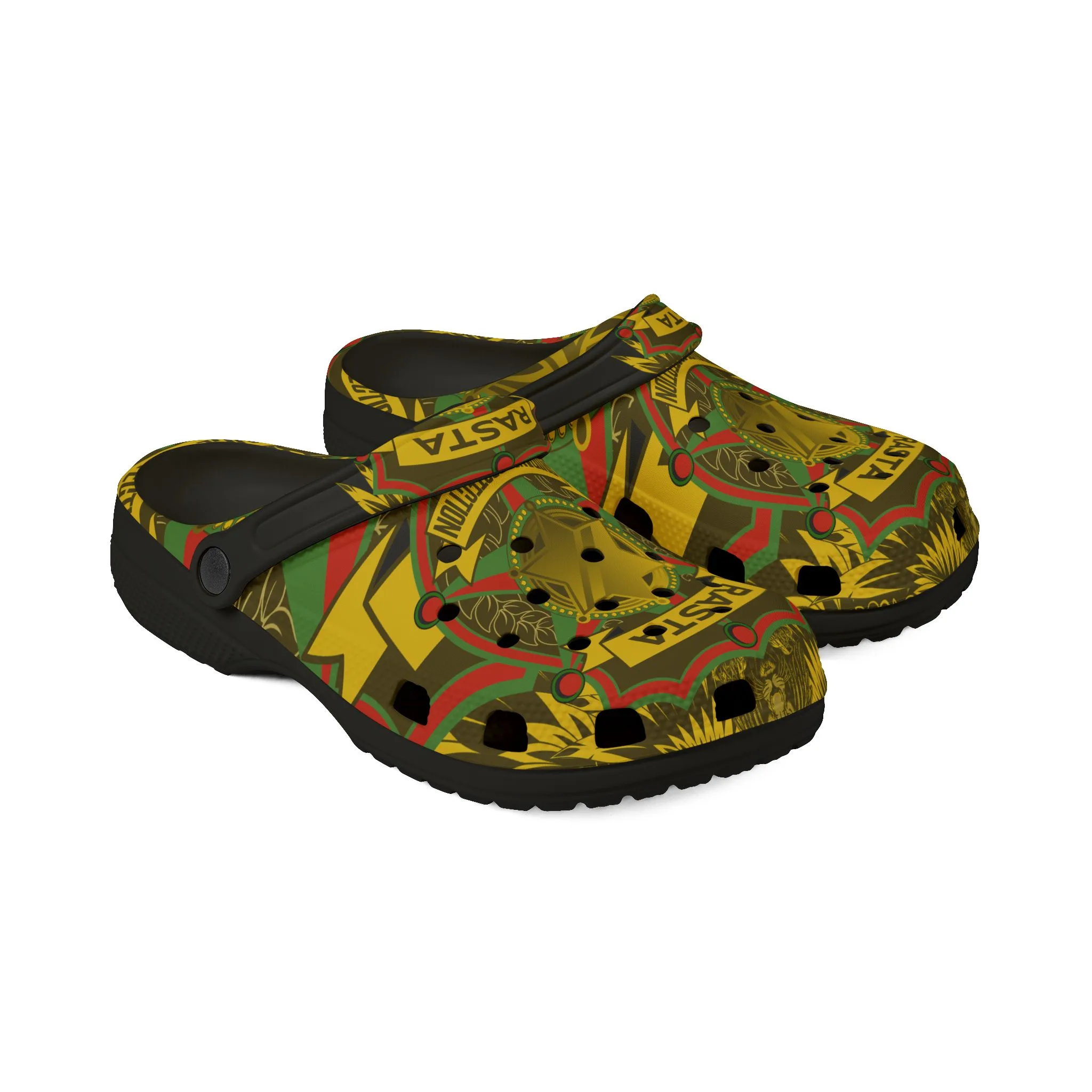 Rasta Guidance Protection Clogs in Rastafarian Colors side front view. Great for holidays, festivals and parties. Rastaseed Rastafari, Jamaican and Reggae Merchandise.