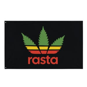 Rasta leaf flag with black background and stylised hemp leaf design in Rastafarian colors. Rastaseed merchandise and gear.