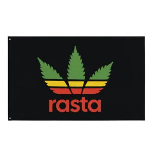 Rasta leaf flag with black background and stylised hemp leaf design in Rastafarian colors. Rastaseed merchandise and gear.