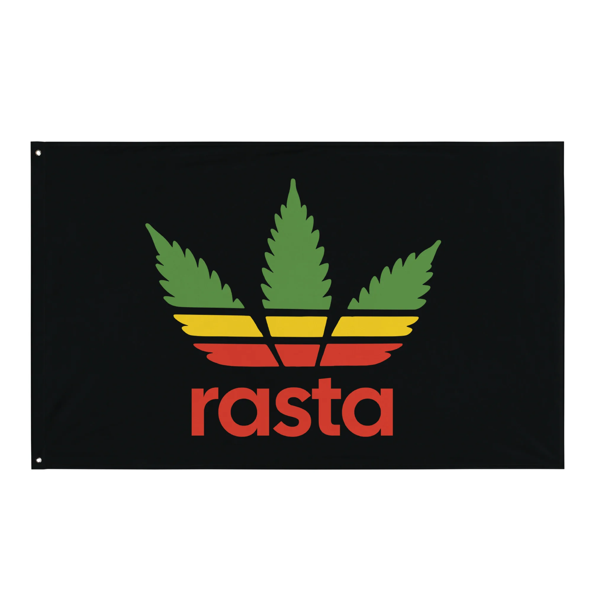 Rasta leaf flag with black background and stylised hemp leaf design in Rastafarian colors. Rastaseed merchandise and gear.