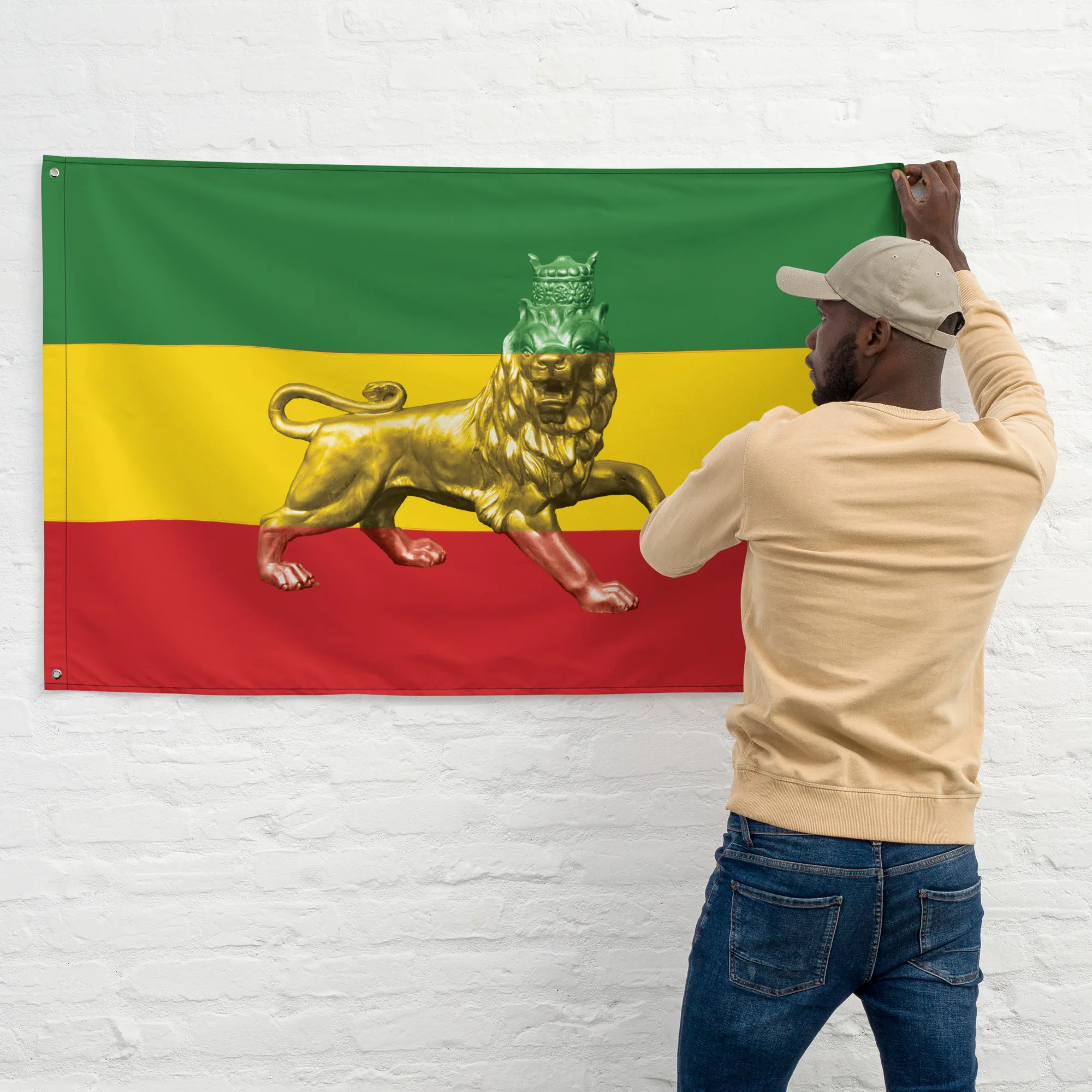 Rasta Lion of Judah Flag with the Rastafarian colors and Ethiopian Lion wall view. Rastaseed Rastafari, Jamaican, Reggae, Afro American and Selassie merch and gear.