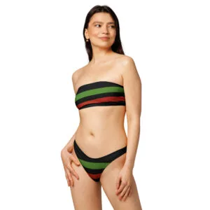 Pan African American Recycled bandeau bikini. Sexy cute design with Afro Amercian Flag colors. Rastaseed merchandise and clothing shop.