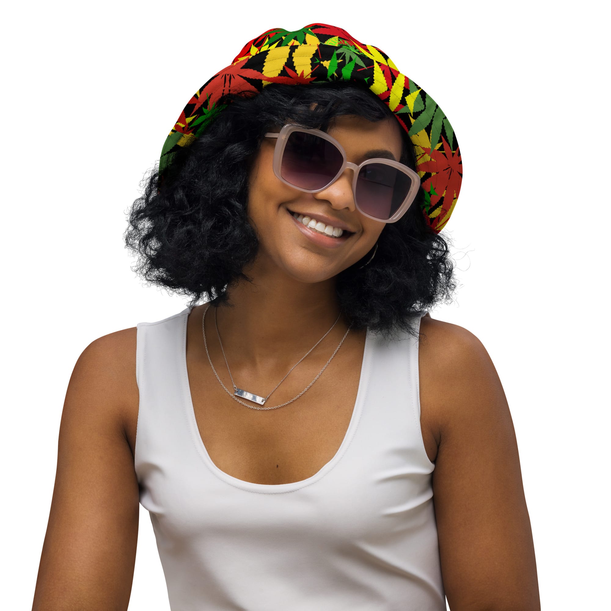 Rasta Hemp Leaf Reversible bucket hat at Rastaseed Jamaican, Rastafari, Reggae. Hemp and Haile Selassie merchandise and gifts femaile front outside view.