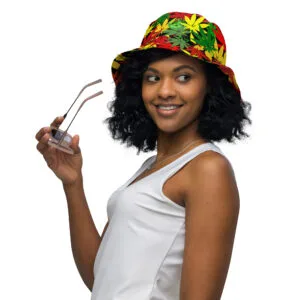 Rasta Hemp Leaf Reversible bucket hat at Rastaseed Jamaican, Rastafari, Reggae. Hemp and Haile Selassie merchandise and gifts.
