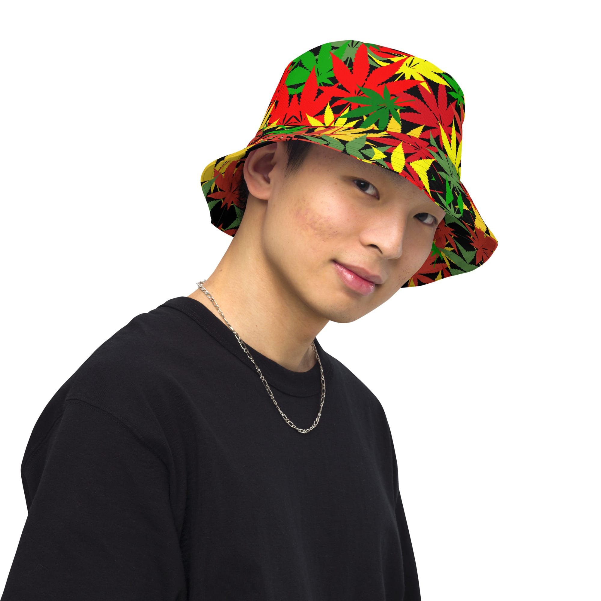 Rasta Hemp Leaf Reversible bucket hat at Rastaseed Jamaican, Rastafari, Reggae. Hemp and Haile Selassie merchandise and gifts maile front outside view.