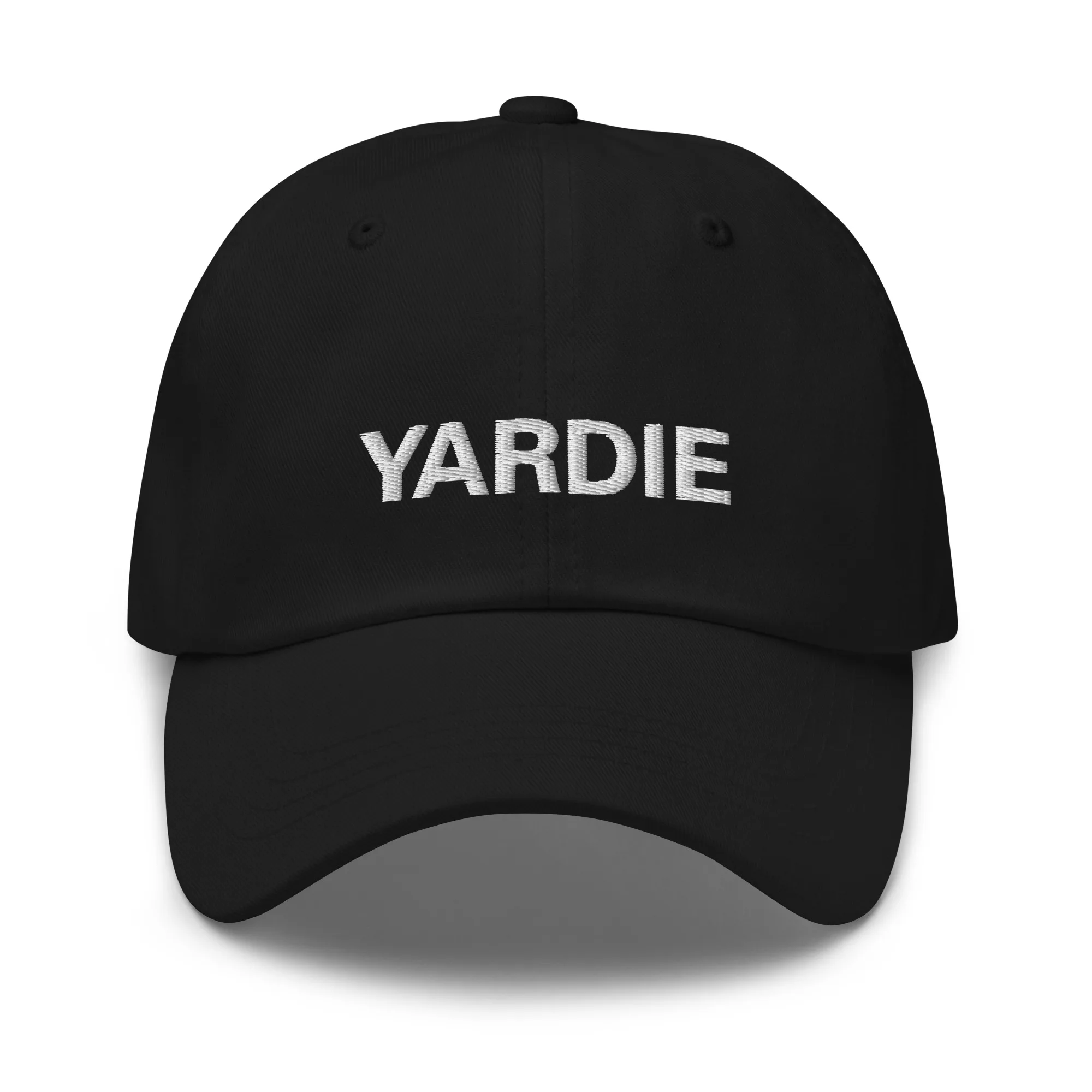 Yardie Jamaican Patois Cap front view in dad hat style. Available in Khaki camouflage and black. Rastaseed original Rastafarian merchandise and clothing shop. Black front view.