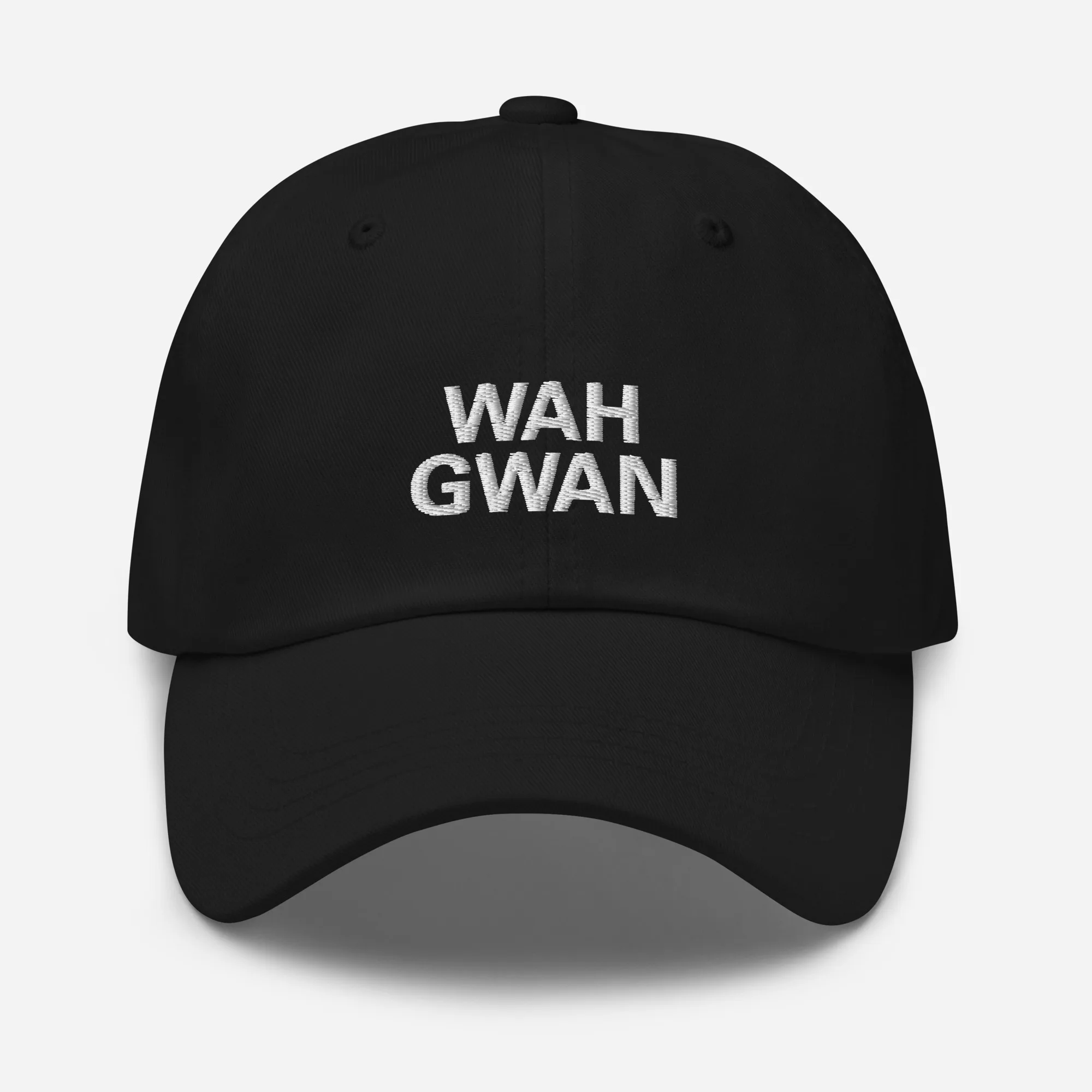 Wah Gwan Patois Cap front view camo in Dad hat style available in black and khaki camouflage print. Original Jamaican merchandise at Rastaseed clothing store. Front black cap.
