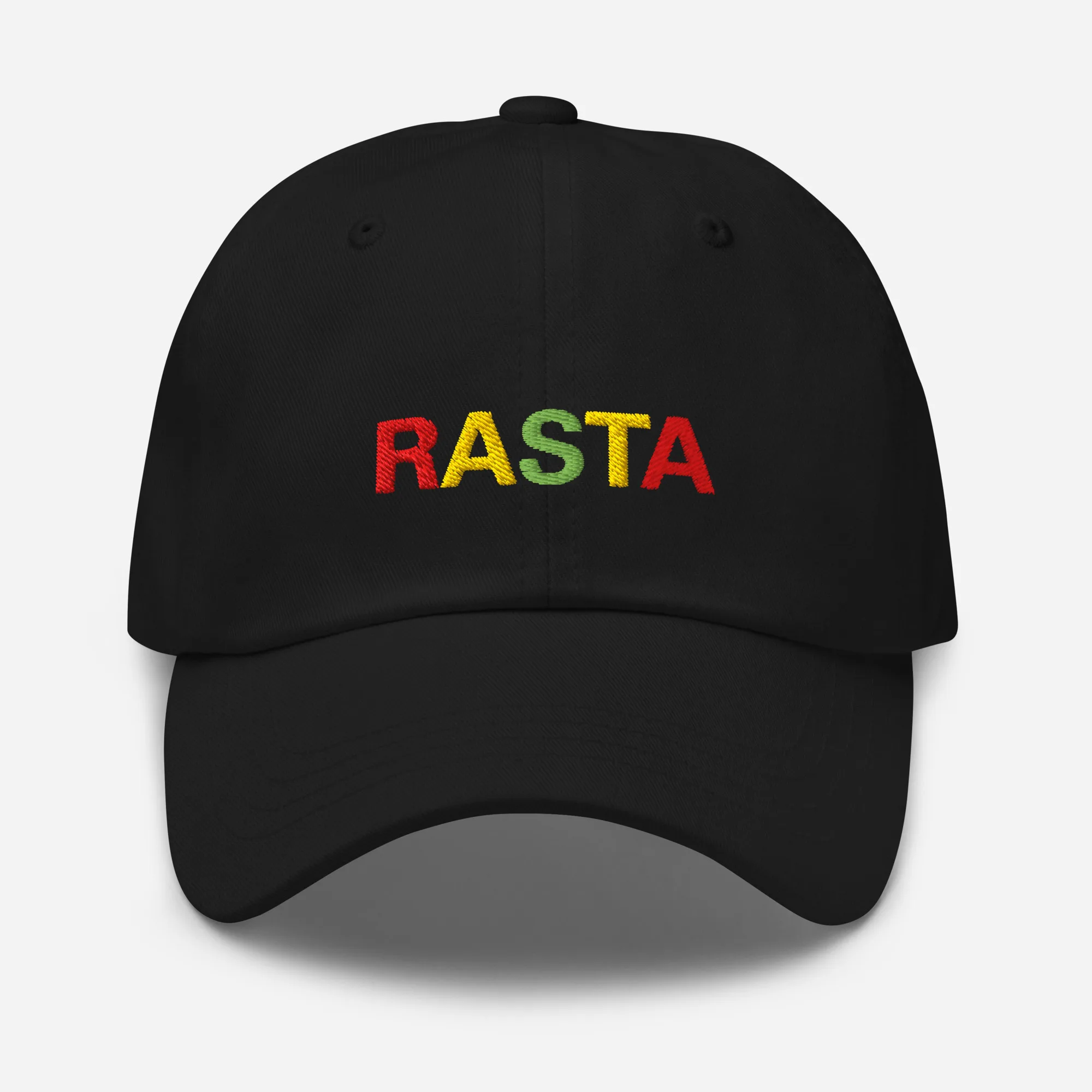 Rasta Cap in dad hat style front view and available in khaki camouflage or black with red gold and green embroidered letters. Original Rasta gear at Rastaseed shop. Front black view.