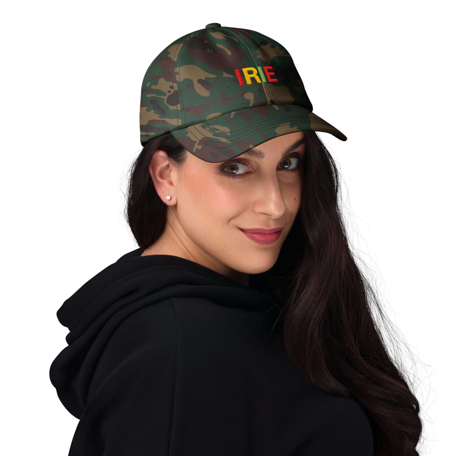 Irie Rasta Cap female view in khaki camouflage print and black colors with red gold and green embroidered lettering. Rastaseed original accessories store.