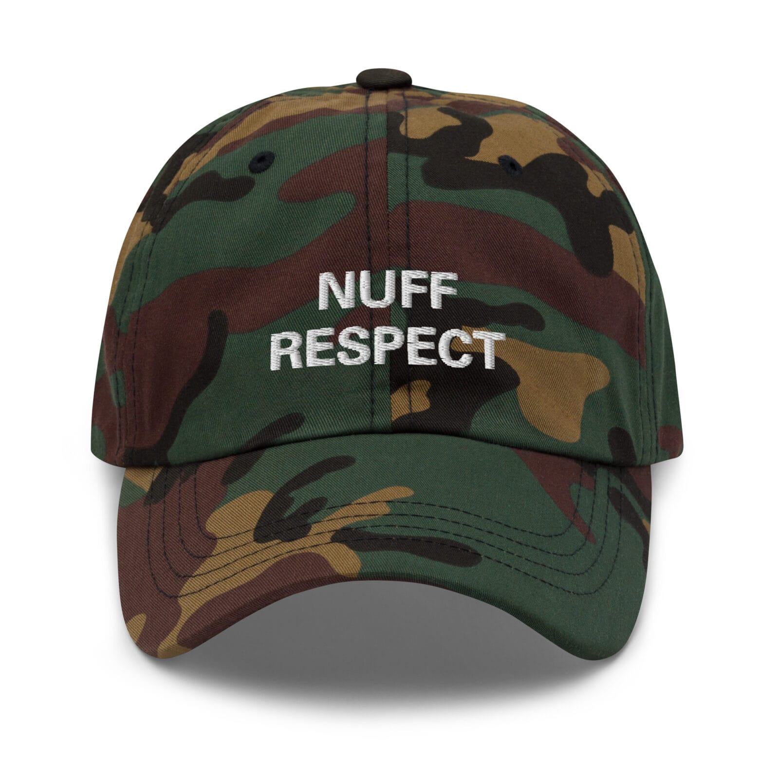 Nuff Respect Jamaican Patois Cap front view female in camouflage and black dat hat style. Rastaseed original Reggae merchandise and clothing. Front khaki camo view.