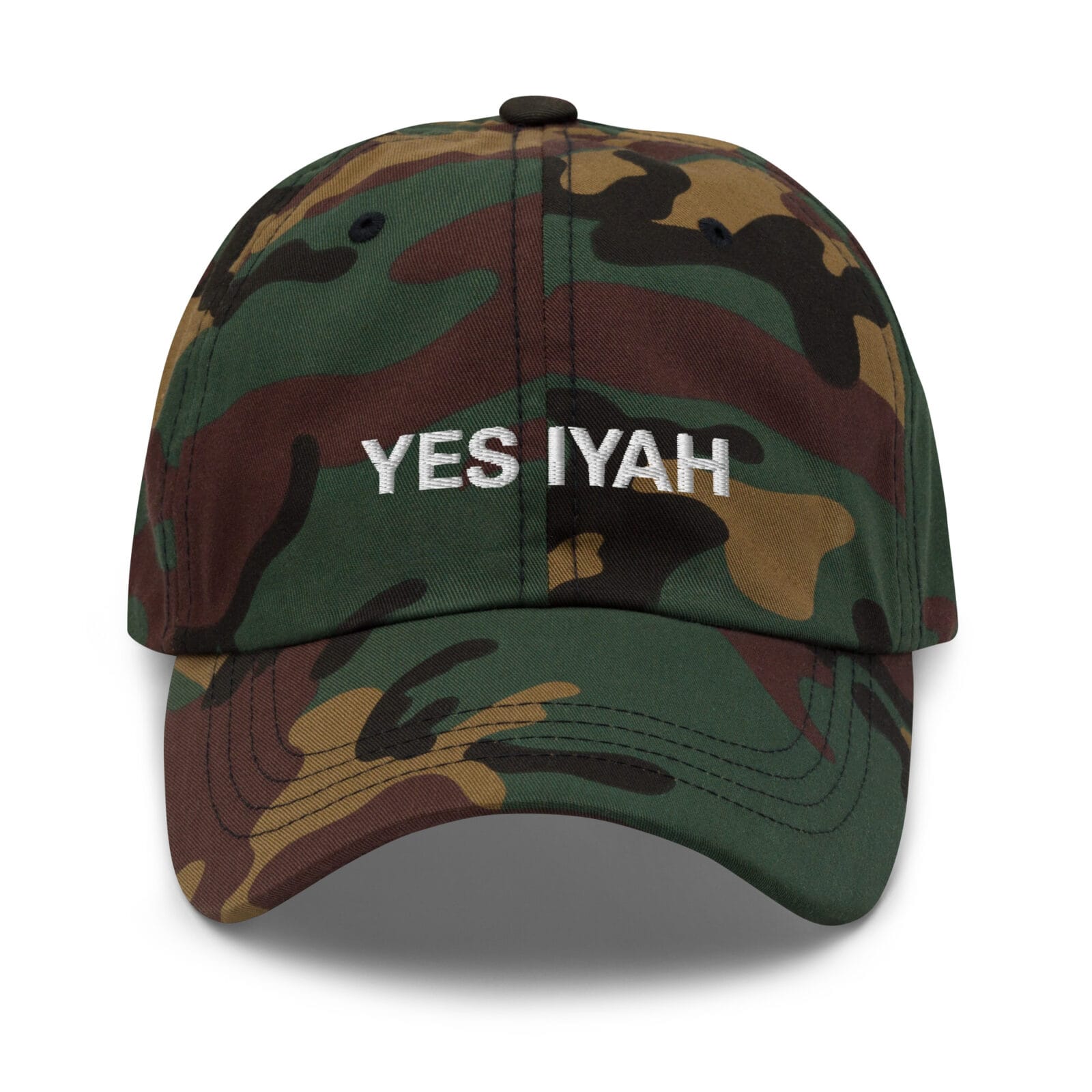 Yes Iyah Dad hat in khaki camo or black. Jamaican Patois originals at Rastaseed.com online Rasta Jamaican and Reggae shop. Front camo view