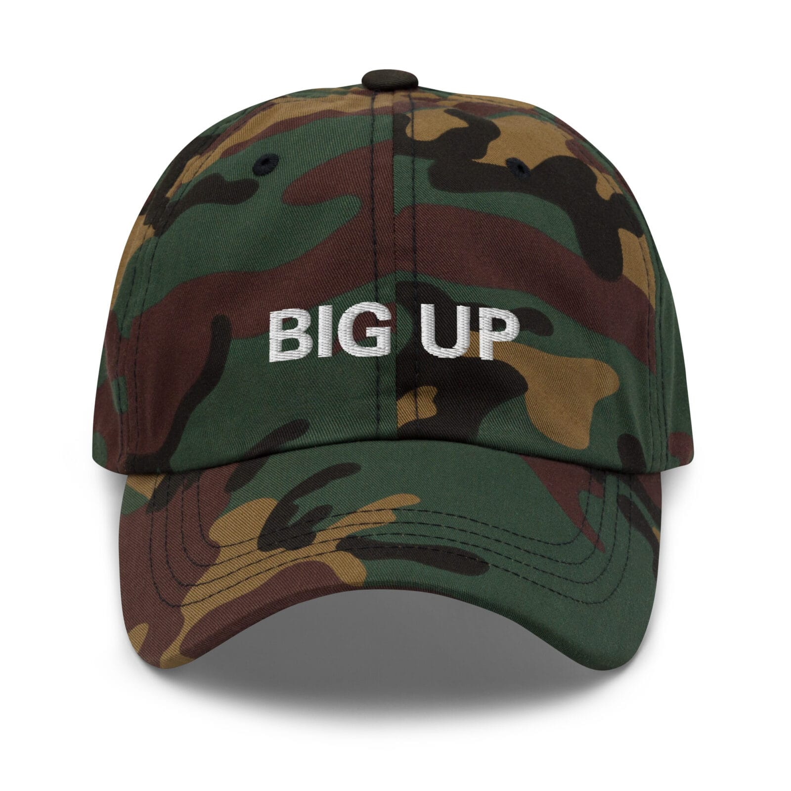 Big Up Cap black Jamaican Patois on dad hat style available in khaki camo or black. Rastaseed original designs and accessories. Front camo view.