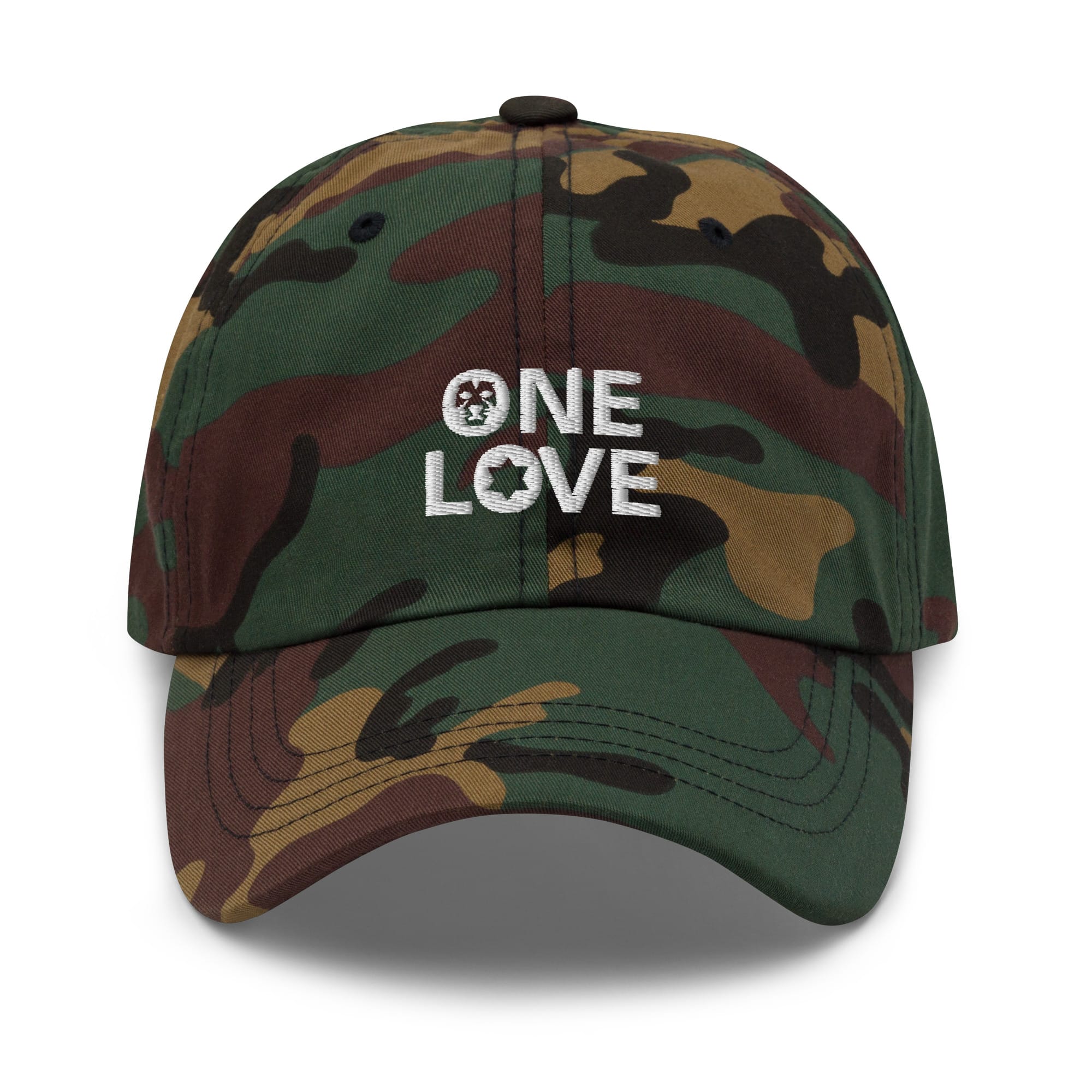 One Love Cap available in two colors, khaki camo or black. White embroidered lettering on dad hat style cap. Rastaseed original designs. Front camo view.