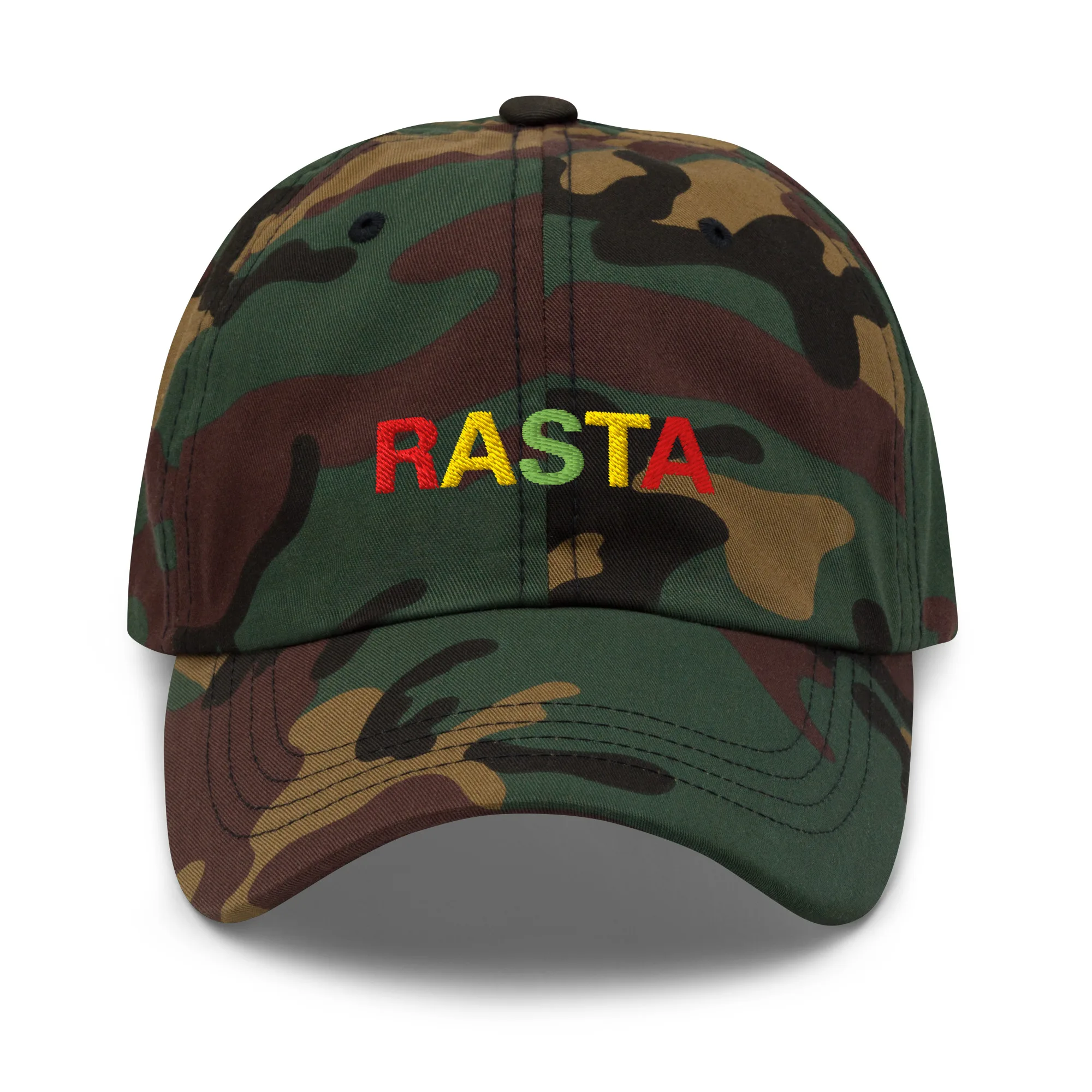 Rasta Cap in dad hat style front view and available in khaki camouflage or black with red gold and green embroidered letters. Original Rasta gear at Rastaseed shop. Front camo view.