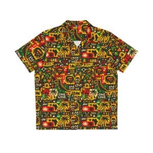 Rasta Reggae Print shirt, one love Hawaiian Style. Rastaseed original Rastafarian, reggae and Jamaican clothing and Designs front