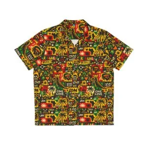 Rasta Reggae Print shirt, one love Hawaiian Style. Rastaseed original Rastafarian, reggae and Jamaican clothing and Designs front