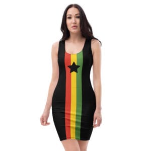 Rasta Black Star Bodycon dress. Body hugging black with red gold and green vertical stripes down front and black and a black star on the front.