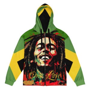 Bob Marley Hoodie zip up style in the Reggae Rasta and jamaican colors. One love Rastaman Vibration at Rastaseed.com Rastafarian Clothing.