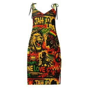 Rasta slip dress in Reggae colors with Rastafarian symbols. Rastaseed original Jamaican, Reggae designs on clothing and accessories. Front view