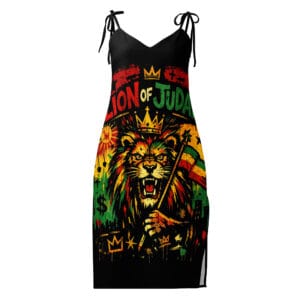 Lion of Judah Rasta Tie-strap midi dress with Reggae colors and symbols. Rastafarian, Jamaican, Haile Selassie and Afro American clothin at Rastaseed.