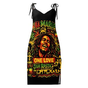 Rastaman Vibration Tie-strap midi dress in Reggae Rastafarian colors. Rastafarian Jamacian and Reggae gear and clothing at Rastaseed.com