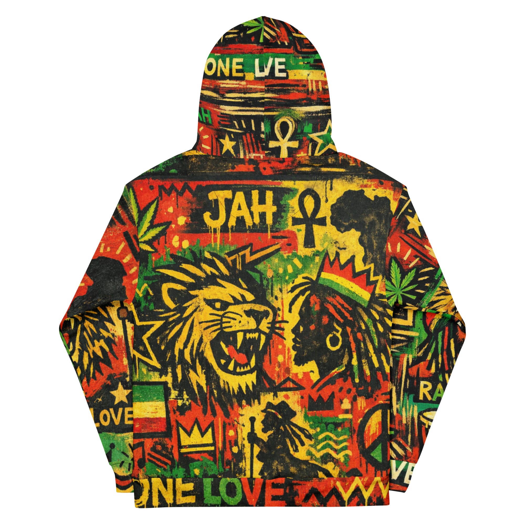 Premium quality Rasta cotton Hoodie with vivid Rastafarian symbols and drawings on Lion of Judah, Rastaman, Africa, Ankh and more. Back view