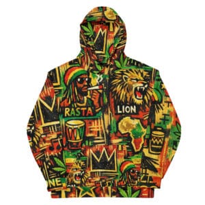 Premium quality Rasta cotton Hoodie with vivid Rastafarian symbols and drawings on Lion of Judah, Rastaman, Africa, Ankh and more. Front view