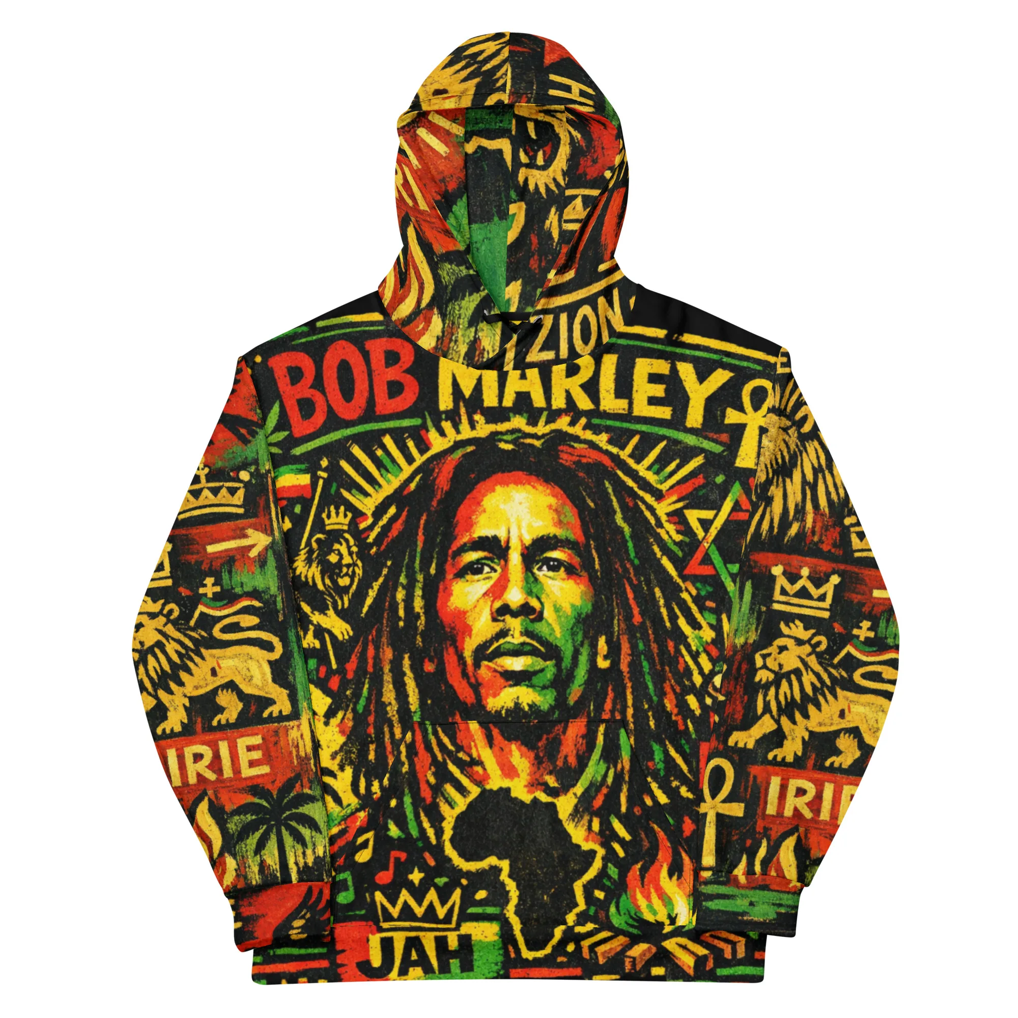Rastaman Unisex cotton hoodie in Rasta colors and symbols. Rastaseed Jamaican Reggae and Rastafarian designs on clothing and accessories.