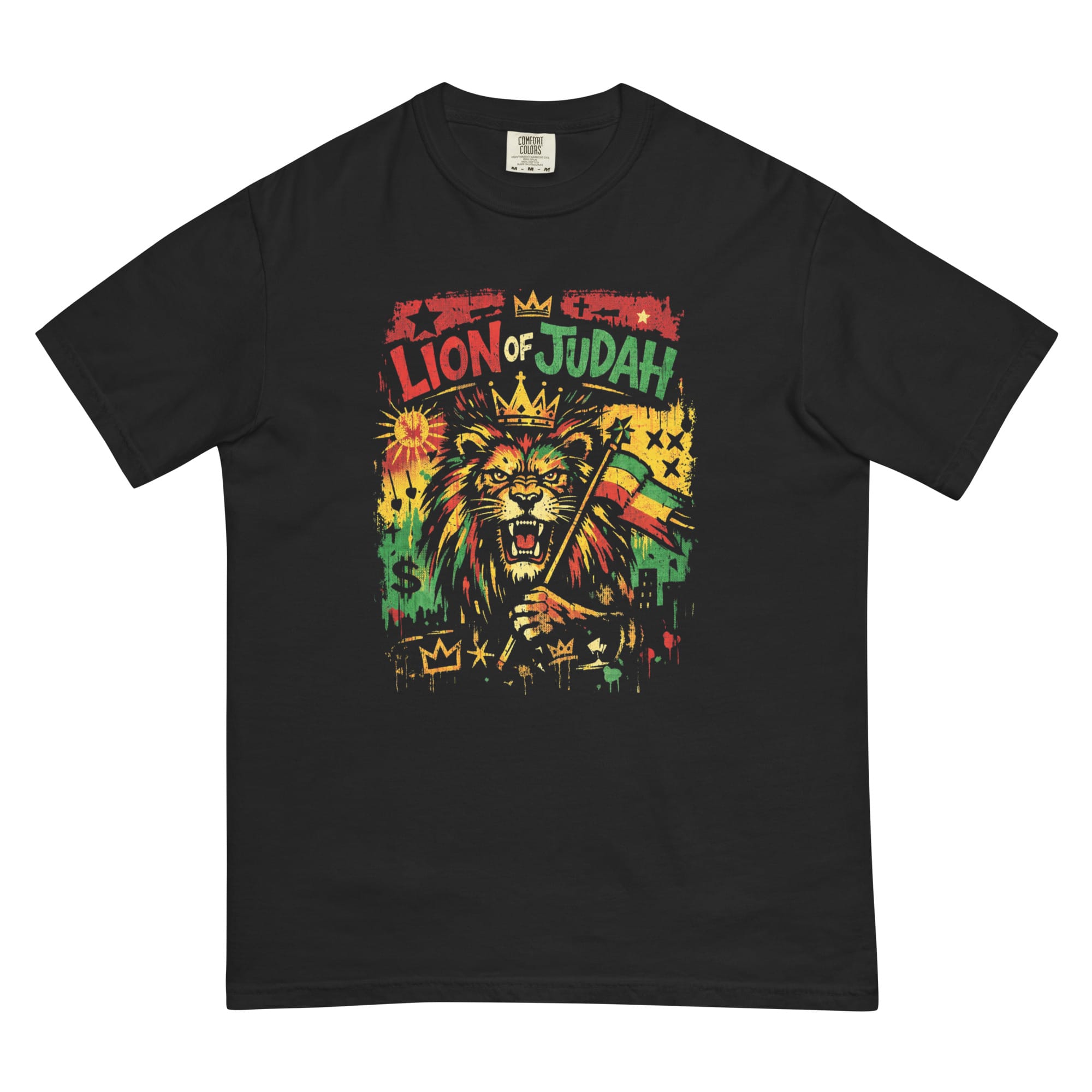 Lion of Judah Unisex heavyweight t-shirt. Awesome Rasta Design in Reggae colors. Rastaseed Jamaican, Rastafarian, Haile Selassie, Reggae Merch. Front view