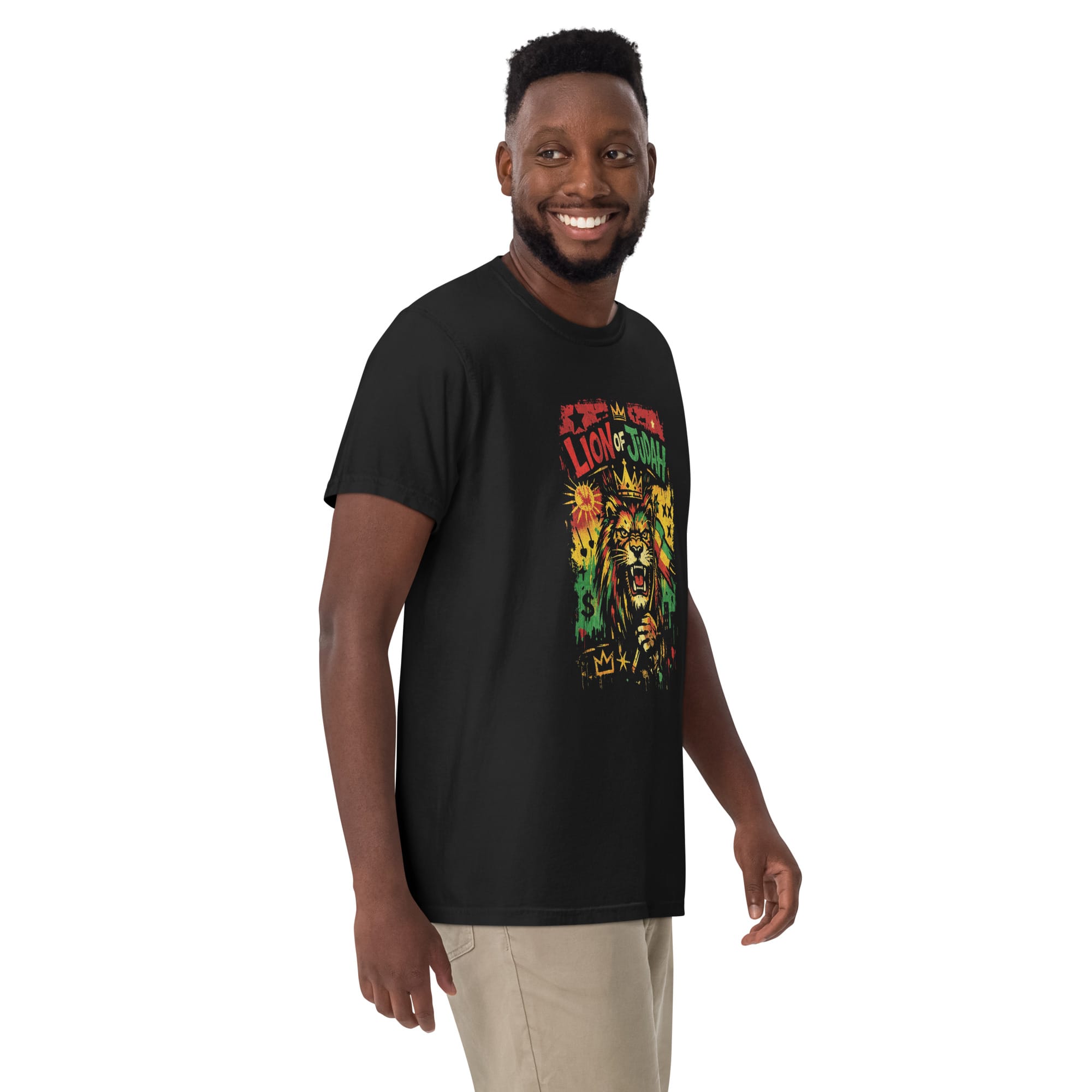 Lion of Judah Unisex heavyweight t-shirt. Awesome Rasta Design in Reggae colors. Rastaseed Jamaican, Rastafarian, Haile Selassie, Reggae Merch. Front side model view