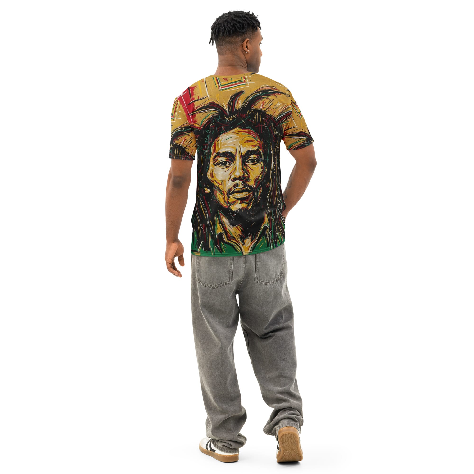 Rasta Legend cotton crew neck t-shirt in Rastafarian colors. Rastaseed Jamaican Reggae clothing, festival merchandise and accessories. back model view
