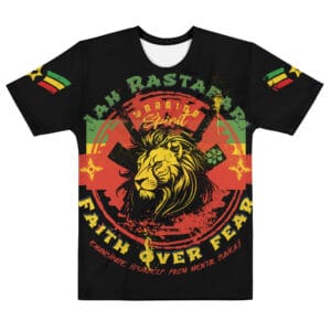 Rastaman Chant T-shirt with Twelve laws ofh the Rastafari in the Back and Rasta Samurai on the front. Faith over fear, Jah Rastafari. Front view