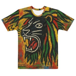 Rasta Lion Men's cotton crew neck t-shirt in Rastafarian colors. Rastaseed Jamaican Reggae Merchandise Accessories and clothing. Front view