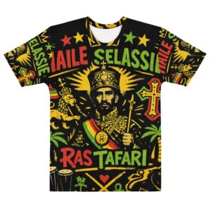 King of Kings Selassie men's cotton crew neck t-shirt at Rastaseed. Rastafarian Jamaican and Reggae merchandise and clothing. Front view