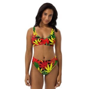 Hemp leaf design bikini in red gold and green at Rastaseed.com