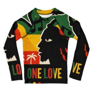 Rasta One Love Kids Rash Guard in red gold green and black. Rastaseed Rastafarian, Reggae, Jamaican beach, surf and vacation gear.