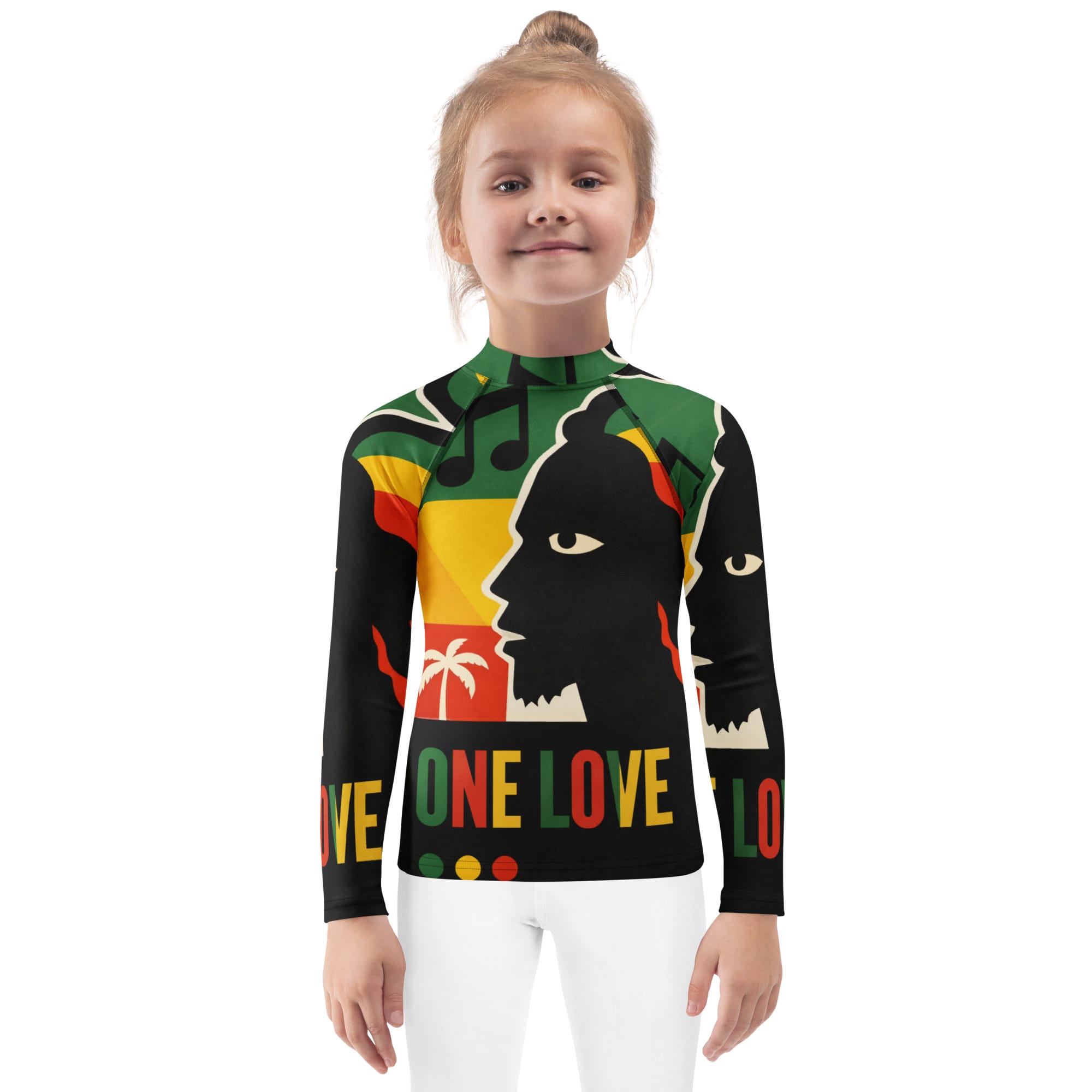 Rasta One Love Kids Rash Guard in red gold green and black. Rastaseed Rastafarian, Reggae, Jamaican beach, surf and vacation gear. Front model view.