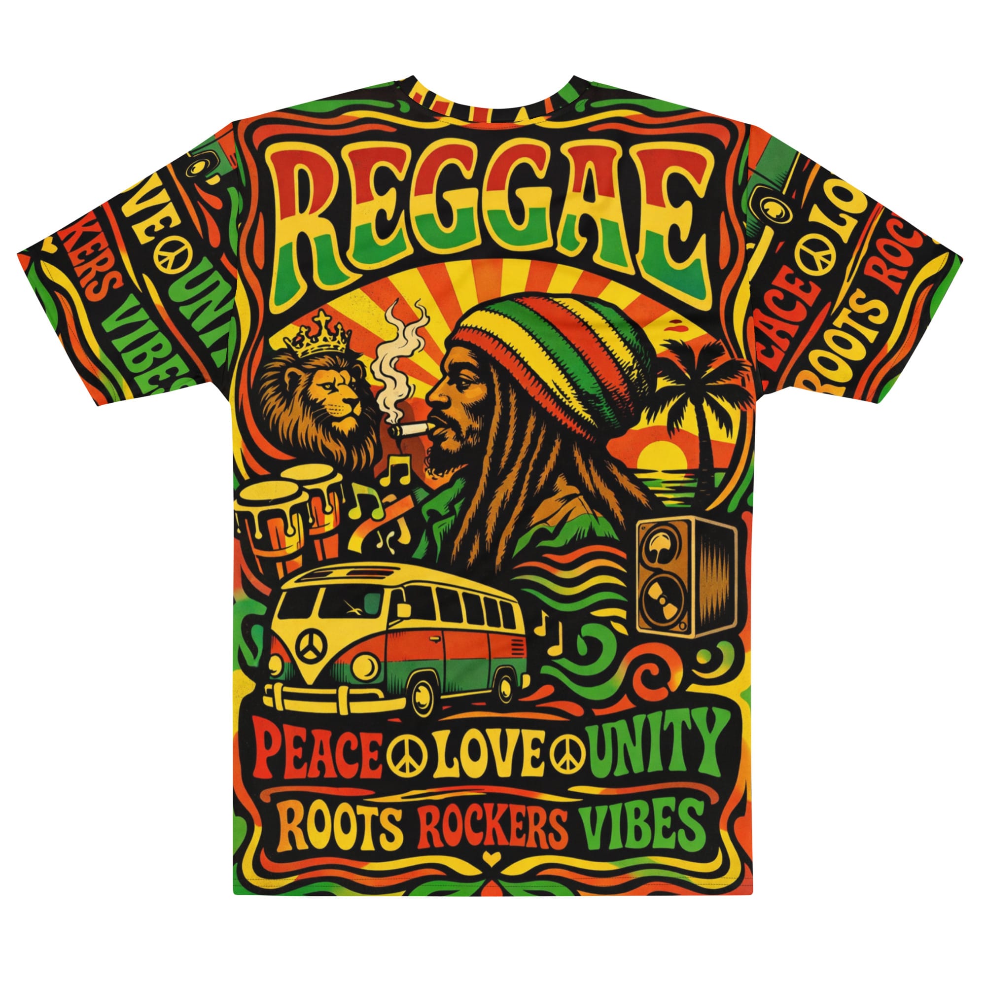 Reggae Rasta Peace Men’s cotton crew neck t-shirt in vibrant Rastafarian colors and peace love unity designs. Rastaseed merchandise and vacation gear. Back view.