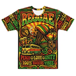 Reggae Rasta Peace Men’s cotton crew neck t-shirt in vibrant Rastafarian colors and peace love unity designs. Rastaseed merchandise and vacation gear.