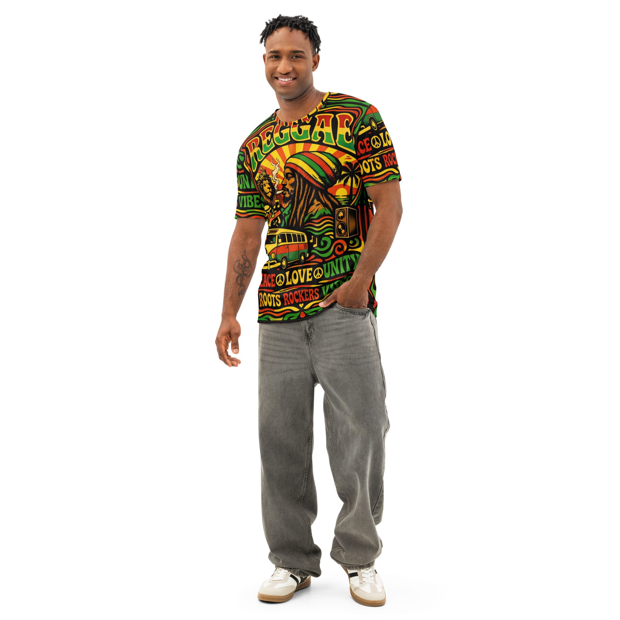 Reggae Rasta Peace Men’s cotton crew neck t-shirt in vibrant Rastafarian colors and peace love unity designs. Rastaseed merchandise and vacation gear. Model Front view.