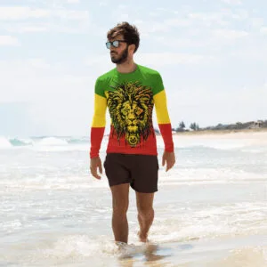 Rasta Lion Mens rasta guard in Red gold green and black. Rastaseed Rastafarian Reggae and Jamaican Surf and beach vacation gear. Front model view