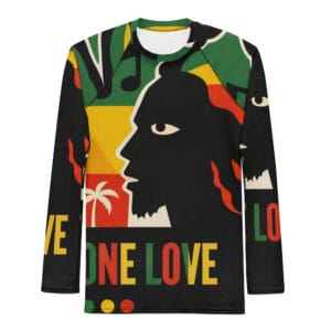 Rasta One Love Men's Rash Guard in Red Gold Green and black. Rastaseed Rastafarian, Reggae and Jamaican surf and vacation gear. Front view.